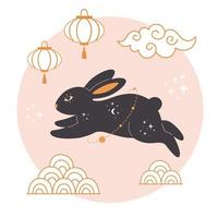 felice anno nuovo cinese biglietto di auguri 2023 con simpatico coniglio. anno del coniglio. vettore