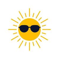sole giallo in occhiali icona di protezione uv, crema solare, protezione per gli occhi dal sole e scottature solari. cerchio pieno sole e luce solare. energia solare calda. segno vettoriale