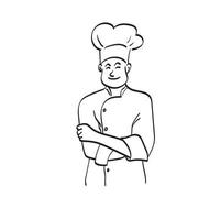 ritratto chef maschio in piedi con le braccia piegate illustrazione vettore disegnato a mano isolato su sfondo bianco line art.