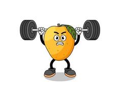 cartone animato della mascotte della frutta del mango che solleva un bilanciere vettore