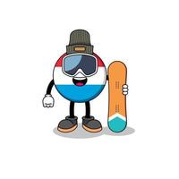 mascotte cartone animato del giocatore di snowboard lussemburghese