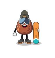 mascotte cartone animato di data frutta snowboard giocatore vettore