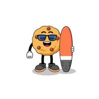 cartone animato mascotte di biscotto con gocce di cioccolato come surfista vettore