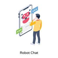 persona che parla con il robot, un'icona isometrica della chat del robot vettore