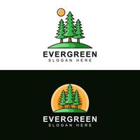 albero di pino verde con modello vettoriale di logo moderno sole