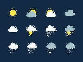icona delle condizioni meteorologiche impostata su sfondo blu scuro, ideale per l'animazione, la progettazione e la stampa di app, vettore modificabile.