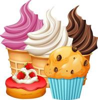 deliziosi cupcakes e set di cartoni animati di muffin vettore