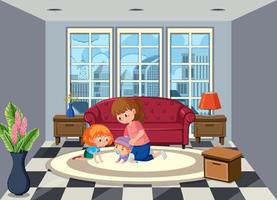 scena del soggiorno con il personaggio dei cartoni animati dei bambini vettore