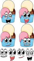 set di espressioni facciali in stile vintage cartone animato con gelato su sfondo bianco vettore