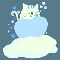 simpatico gatto disegnato, animali domestici in stile cartone animato con un cuore tra le zampe, illustrazione vettoriale