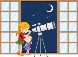 i bambini osservano il cielo notturno con il telescopio vettore