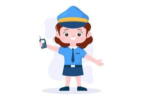 illustrazione vettoriale del personaggio dell'ufficiale di polizia per bambini carino utilizzando l'uniforme con attrezzatura in stile cartone animato piatto