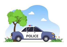 illustrazione vettoriale dell'edificio del dipartimento della stazione di polizia con poliziotto e auto su sfondo piatto in stile cartone animato
