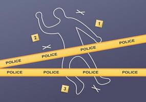 linea di polizia sulla scena del crimine con il profilo in gesso della vittima assassinata di violenza armata sulla strada e prove su un'illustrazione piatta in stile cartone animato vettore