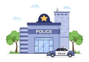 illustrazione vettoriale dell'edificio del dipartimento della stazione di polizia con poliziotto e auto su sfondo piatto in stile cartone animato
