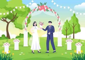 coppia felice che celebra il matrimonio o la cerimonia sposata con belle decorazioni floreali all'aperto stanza nell'illustrazione piana di stile del fumetto del fondo