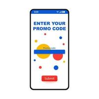 inserisci il modello di interfaccia per smartphone della pagina del codice promozionale. offerte di coupon layout di progettazione di app mobili. codice sconto online, offerta speciale, schermata del sito web del voucher. e coupon. interfaccia utente piatta dell'applicazione. display del telefono vettore