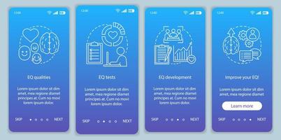 modello vettoriale dello schermo della pagina dell'app mobile per l'onboarding dell'intelligenza emotiva. eq qualità, test, sviluppo. procedura dettagliata del sito Web con illustrazioni lineari. ux, ui, gui concetto di interfaccia per smartphone