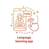 icona del concetto di app per l'apprendimento delle lingue. illustrazione al tratto sottile dell'idea dei corsi online. e-learning. controllo ortografico. pratica orale con app per smartphone. disegno di contorno isolato vettoriale