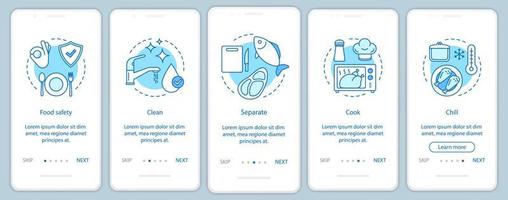 sicurezza alimentare, igiene onboarding modello di schermata della pagina dell'app mobile. lavorazione, manipolazione, conservazione degli alimenti. pulire, separare, cuocere, raffreddare. procedura dettagliata del sito Web. ux, ui, gui concetto di interfaccia per smartphone vettore