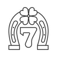 Lucky Seven gioco lineare icona. ferro di cavallo e quadrifoglio con il numero 7. illustrazione al tratto sottile. simbolo di contorno. disegno di contorno isolato vettoriale