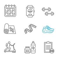 set di icone lineari per il fitness. simboli di contorno di linee sottili. calendario, braccialetto sportivo, manubri, tappetino da yoga, metro a nastro, scarpe da ginnastica, tapis roulant, bcaa, guida agli esercizi. illustrazioni di contorno vettoriale isolate