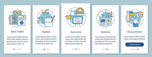 corsi di matematica onboarding schermata della pagina dell'app mobile con concetti lineari. lezioni di matematica guida dettagliata in cinque passaggi istruzioni grafiche. ux, ui, gui modello vettoriale con illustrazioni..