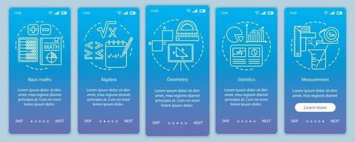 corsi di matematica, apprendimento della matematica onboarding modello vettoriale dello schermo della pagina dell'app mobile. sito Web dettagliato in cinque passaggi con illustrazioni lineari. ux, ui, gui concetto di interfaccia per smartphone..