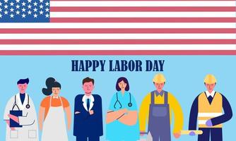 buona festa del lavoro. varie occupazioni persone in piedi con la bandiera americana vettore