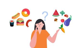 donna che sceglie tra illustrazione del concetto di cibo sano e malsano vettore