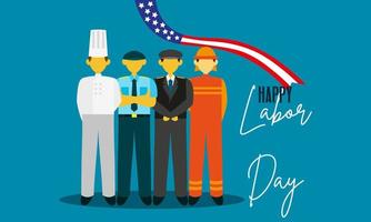 buona festa del lavoro. varie occupazioni persone in piedi con la bandiera americana vettore