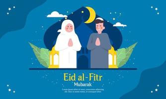 felice eid mubarak, concetto di saluto del ramadan mubarak con l'illustrazione del carattere della gente vettore