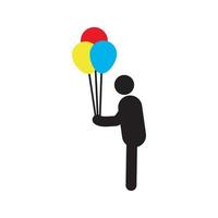 uomo che tiene l'icona della siluetta di palloncini d'aria. auguri di vacanza. illustrazione vettoriale isolata