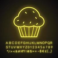 icona di luce al neon cupcake. focaccina. segno luminoso con alfabeto, numeri e simboli. illustrazione vettoriale isolato