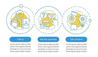 modello di infografica vettoriale call center. servizio di assistenza, linea diretta. assistenza clienti. Supporto online. visualizzazione dei dati con tre passaggi e opzioni. grafico della sequenza temporale del processo. layout del flusso di lavoro con icone