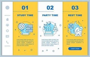modello vettoriale di pagine Web mobili di onboarding per la gestione del tempo. idea di interfaccia del sito Web per smartphone reattiva con illustrazioni lineari. resto, tempo di studio procedura dettagliata della pagina web. orario giornaliero degli studenti