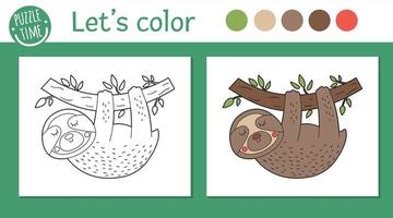 pagina da colorare tropicale per bambini. illustrazione di bradipo vettoriale. contorno simpatico personaggio animale divertente. libro dei colori dell'estate della giungla per bambini con versione colorata ed esempio vettore