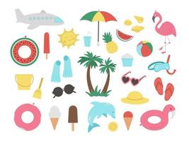 insieme vettoriale di elementi clipart estivi isolati su sfondo bianco. carina illustrazione piatta per bambini con palma, aereo, occhiali da sole, divertenti anelli gonfiabili. oggetti da spiaggia per le vacanze