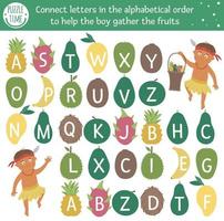 gioco abc tropicale con simpatici personaggi. attività di labirinto di alfabeto esotico per bambini in età prescolare. scegli le lettere dalla a alla z per aiutare il ragazzo a raccogliere i frutti. semplice gioco estivo per bambini vettore