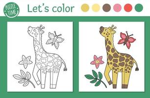 pagina da colorare tropicale per bambini. illustrazione di giraffa vettoriale. contorno simpatico personaggio animale divertente. libro dei colori dell'estate della giungla per bambini con versione colorata ed esempio vettore