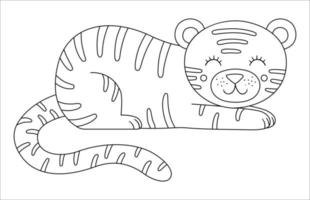 contorno carino tigre vettoriale. illustrazione in bianco e nero animale esotico tropicale divertente. divertente pagina da colorare per bambini. ClipArt di estate nella giungla vettore