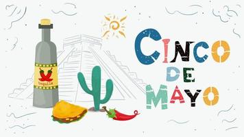 illustrazione di design piatto vettoriale sul tema della vacanza messicana cinco de mayo bevanda bottiglia cibo e pianta di cactus sullo sfondo di un'iscrizione piramidale con il nome