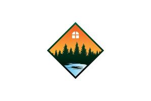 casa quadrata con pino cedro conifera abete sempreverde cipressi larici foresta e fiume torrente per cabina chalet cottage campo logo design vettore