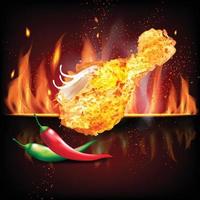 parti di pollo fritte con peperoncino rosso e verde su fuoco nero rosso 3d illustrazione vettoriale realistica