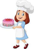 bambina del fumetto che tiene una torta di compleanno vettore