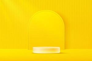 podio con piedistallo cilindrico in vetro trasparente. scena di parete minimal giallo brillante con sfondo a forma geometrica. rendering vettoriale forma 3d per la presentazione del prodotto. concetto di stanza astratta.