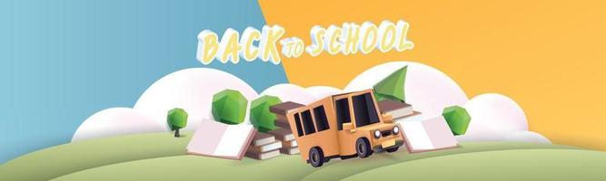 torna a scuola podio colorato con scuolabus giallo e libro elearning vector illustation