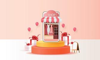 shopping online su smartphone e nuovo backgroud rosa di promozione della vendita di acquisto per il concetto di donne di e-commerce del mercato banner. vettore