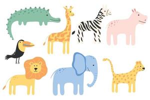 set disegnato a mano di simpatici animali della giungla. animali della giungla. coccodrillo, giraffa, ippopotamo, zebra, tucano, elefante, leone, leopardo. cuccioli. illustrazione vettoriale. vettore