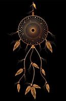 acchiappasogni con ornamento mandala e piume di uccelli. simbolo mistico d'oro, arte etnica con design boho indiano nativo americano, vettore isolato su vecchio sfondo nero vintage
